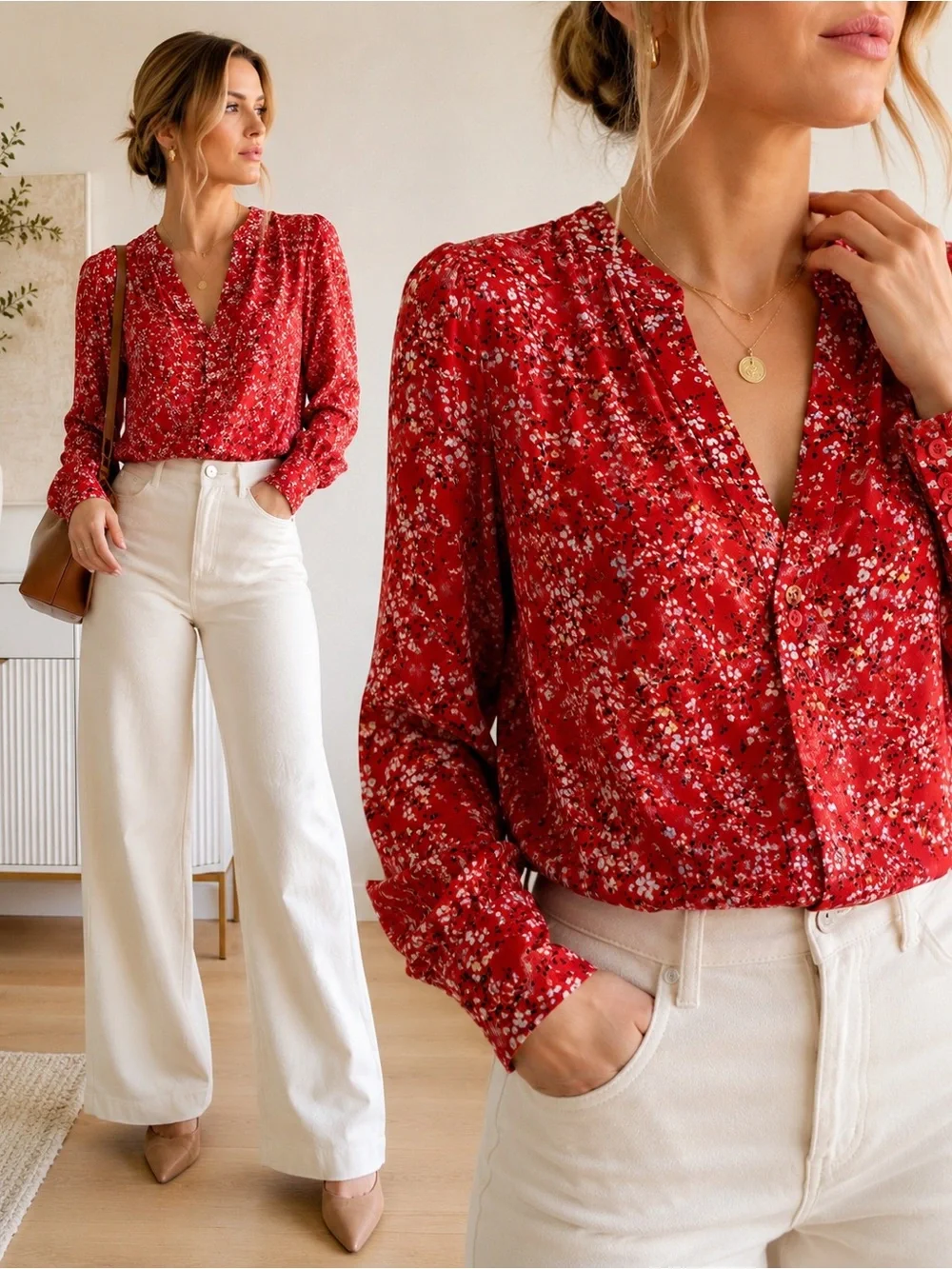 Ann Taylor Red Floral Blouse XXS Silky V Neck Long Sleeve Feminine Top XS